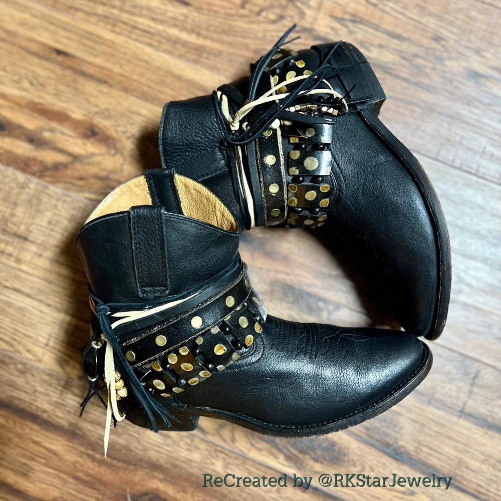 Size 9 Black Leather Ankle boots Embellished Boots Womens cowboy boots